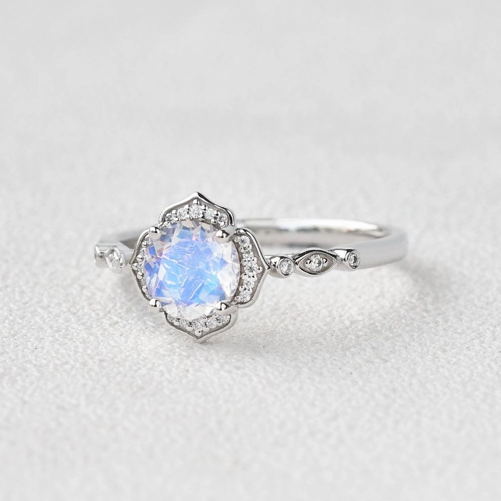 Adornment Piece Round Cut Moonstone & Moissanite White Gold Ring