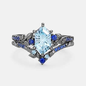 Cool Chic Gloss Shine Elongated Hexagon Fireworks Cut Aquamarine Engagement Ring Set 2pcs - Azure