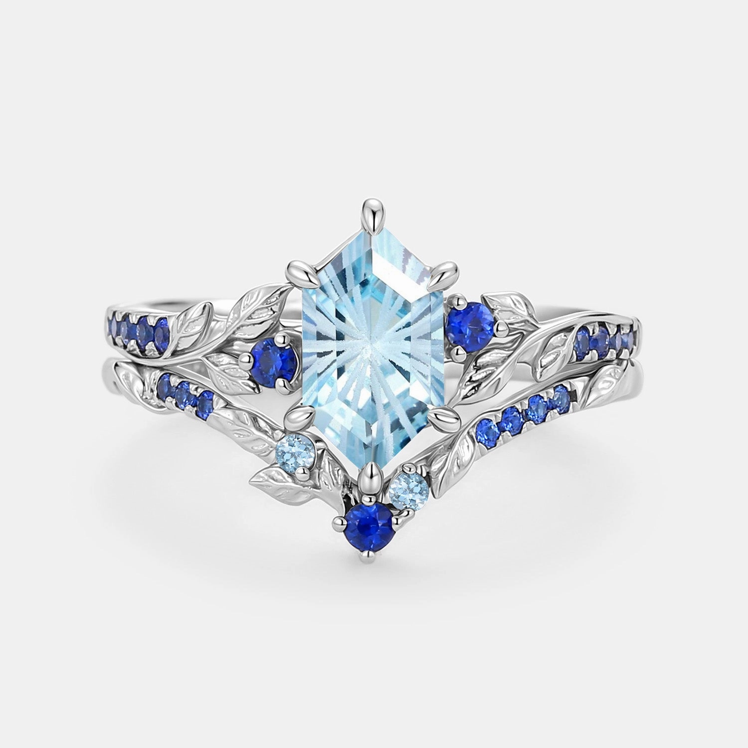 Fine Craft Personal Touch Elongated Hexagon Fireworks Cut Aquamarine Engagement Ring Set 2pcs - Azure