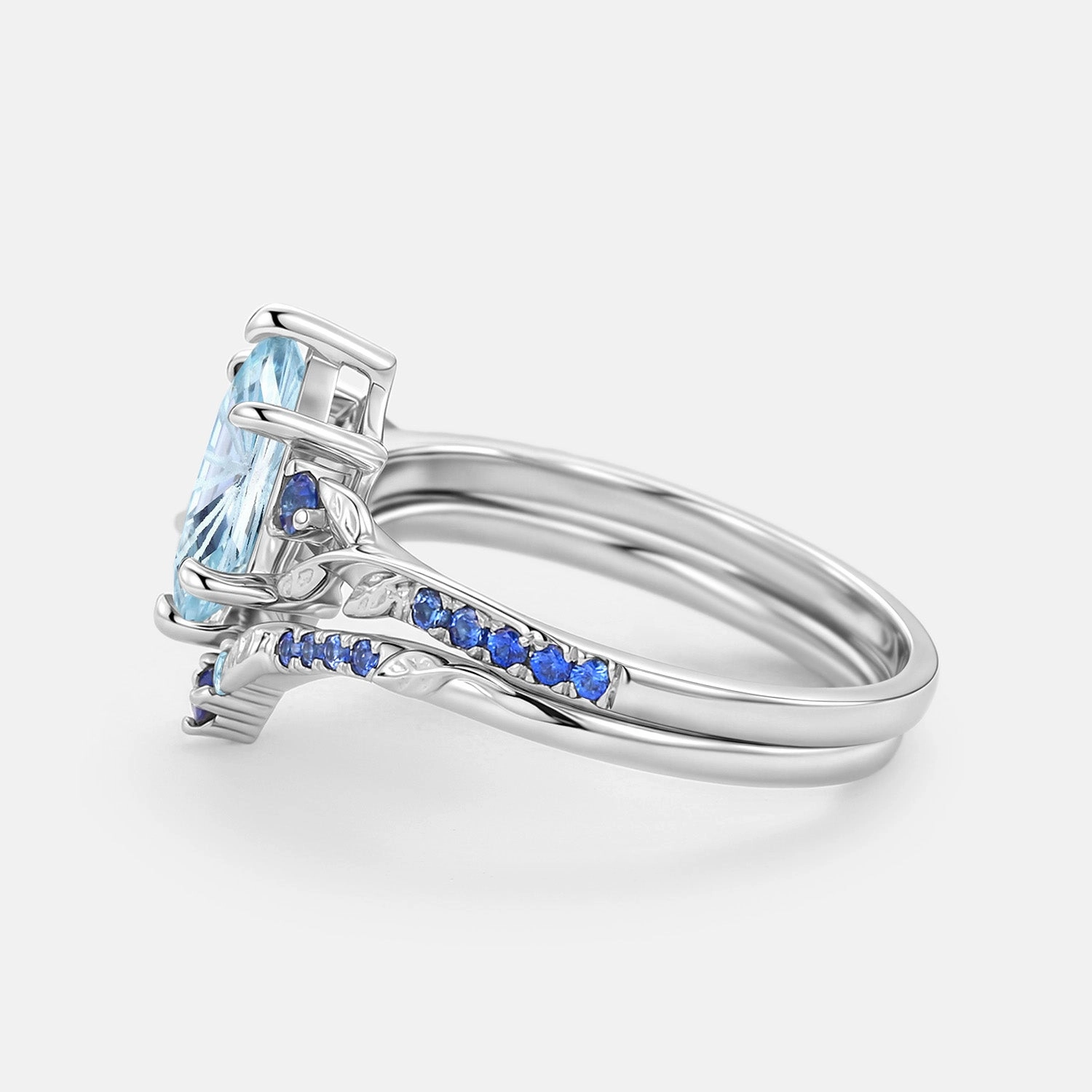 Handcrafted Craft Elongated Hexagon Fireworks Cut Aquamarine Engagement Ring Set 2pcs - Azure