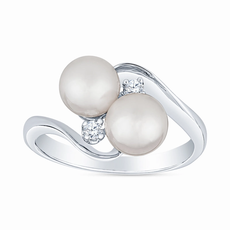 Graceful Elegance Dazzling Jewelry Swirl Bypass Two Stone Akoya Cultured Pearl and Diamond Ring
