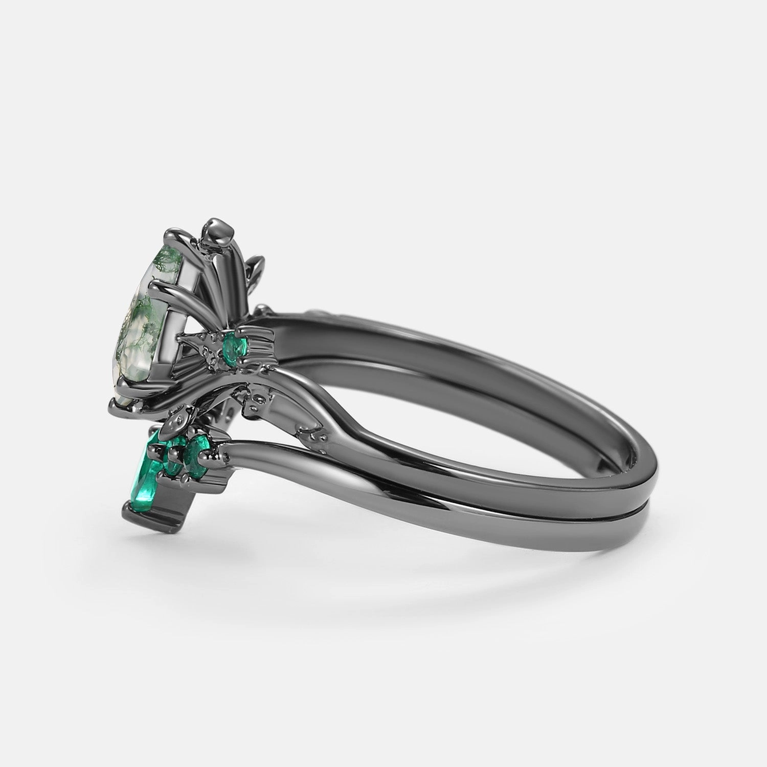 Classic Layer Romantic Mood Black Gold Kite Cut Moss Agate & Lab Emerald Leafy Bridal Ring Sets 2pcs - Willow