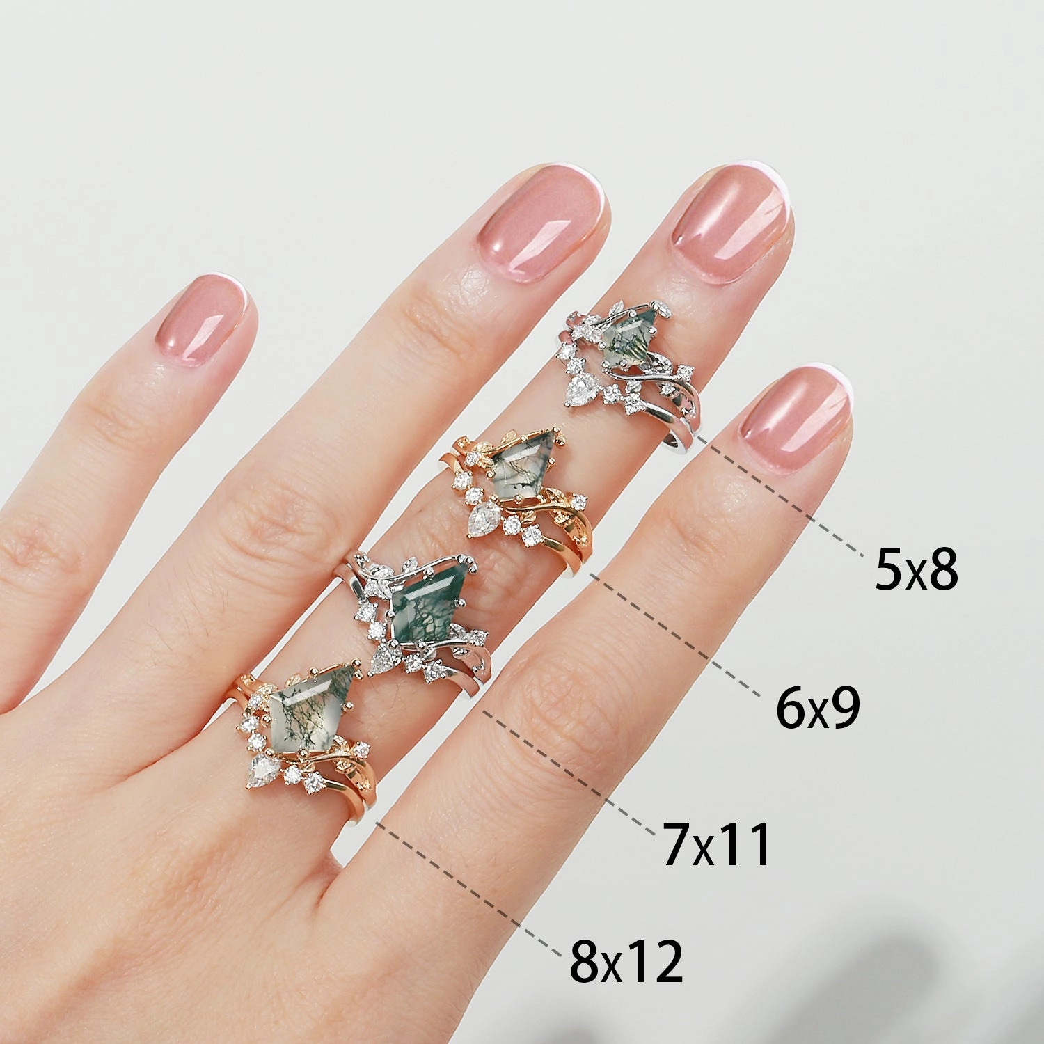 Handmade Shine Lifestyle Match Black Gold Kite Cut Moss Agate & Lab Emerald Leafy Bridal Ring Sets 2pcs - Willow