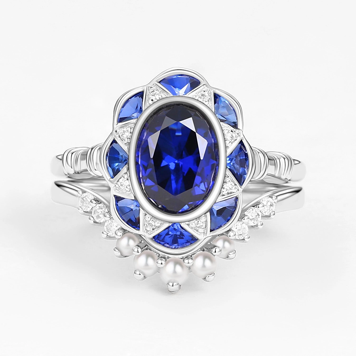 Understated Form Handcrafted Finish Vintage Lab Sapphire Oval Cut White Gold Ring Sets 2PCS