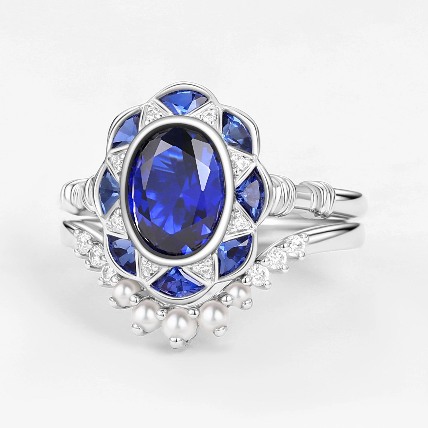 Heirloom Quality Vintage Lab Sapphire Oval Cut White Gold Ring Sets 2PCS