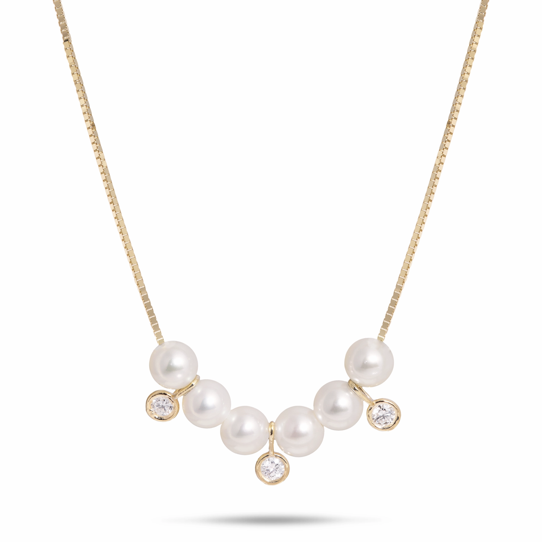 16-18" Adjustable Akoya White Pearl Necklace in Gold with Diamonds - 4.5-5mm Zoom Focus Vibrant Jewelry