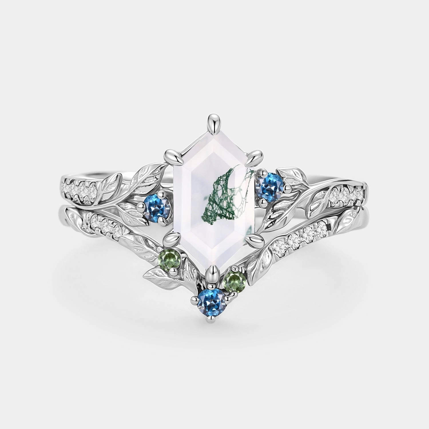 Night Out Look Eye Catching Moss Agate Elongated Hexagon Engagement Ring Set 2pcs - Azure