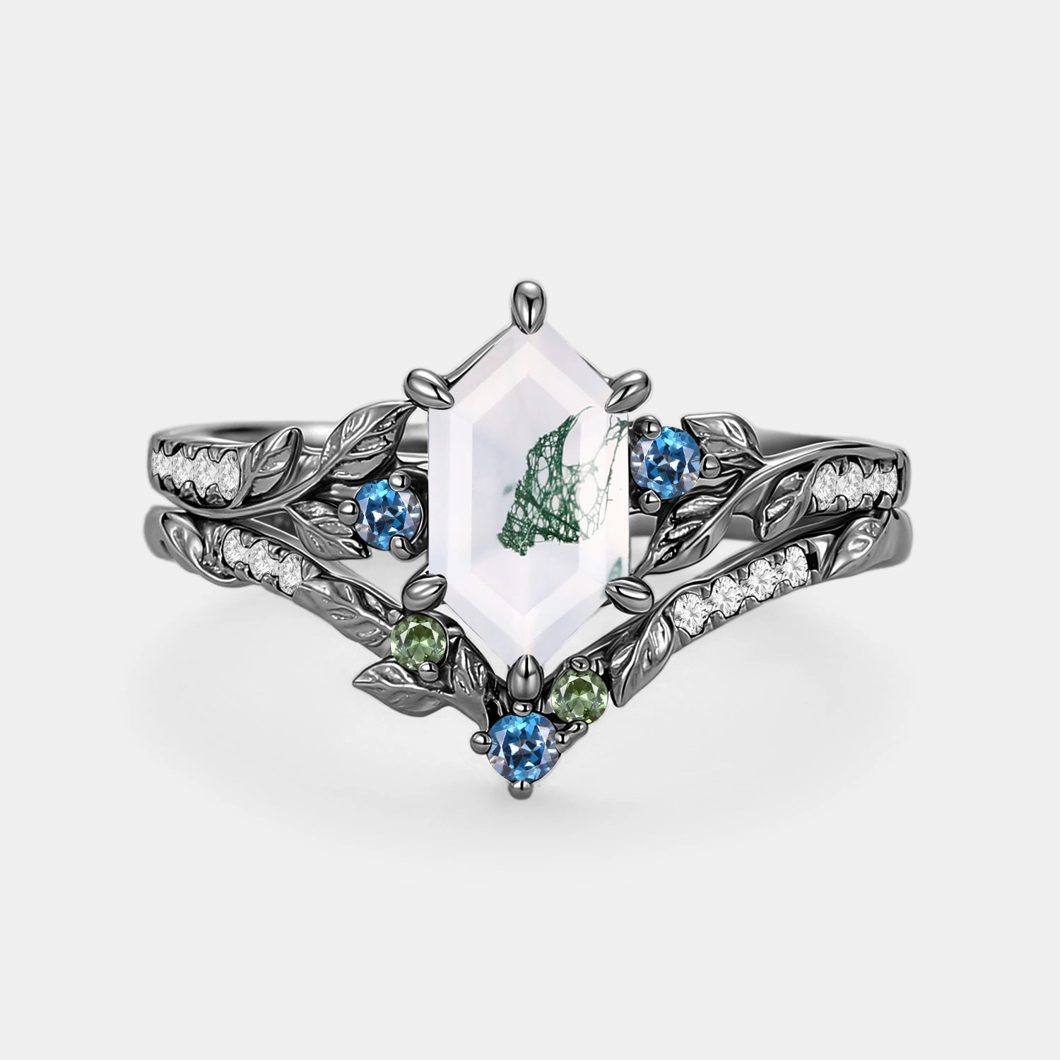 Moss Agate Elongated Hexagon Engagement Ring Set 2pcs - Azure Earth Friendly Creative Insignia