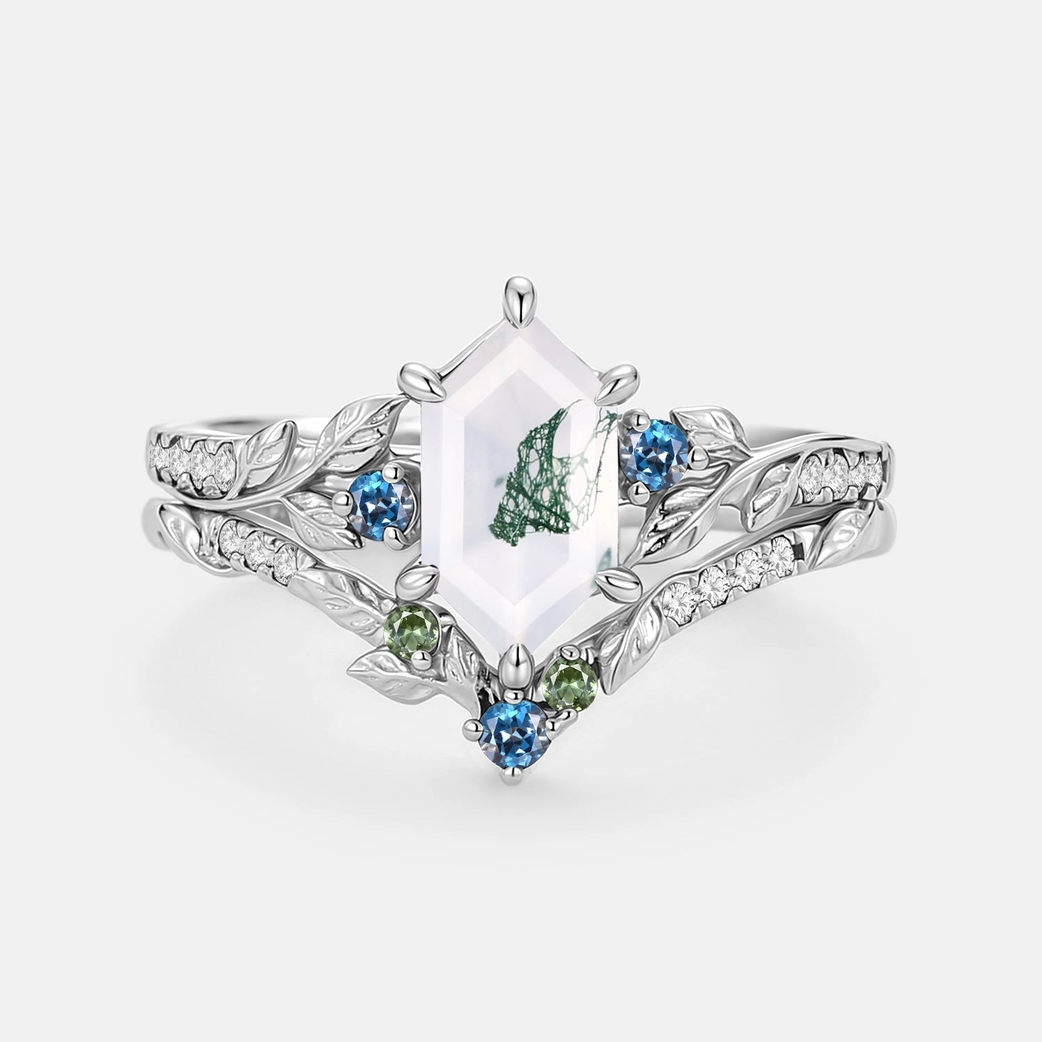 Moss Agate Elongated Hexagon Engagement Ring Set 2pcs - Azure Festival Accent Superior Piece