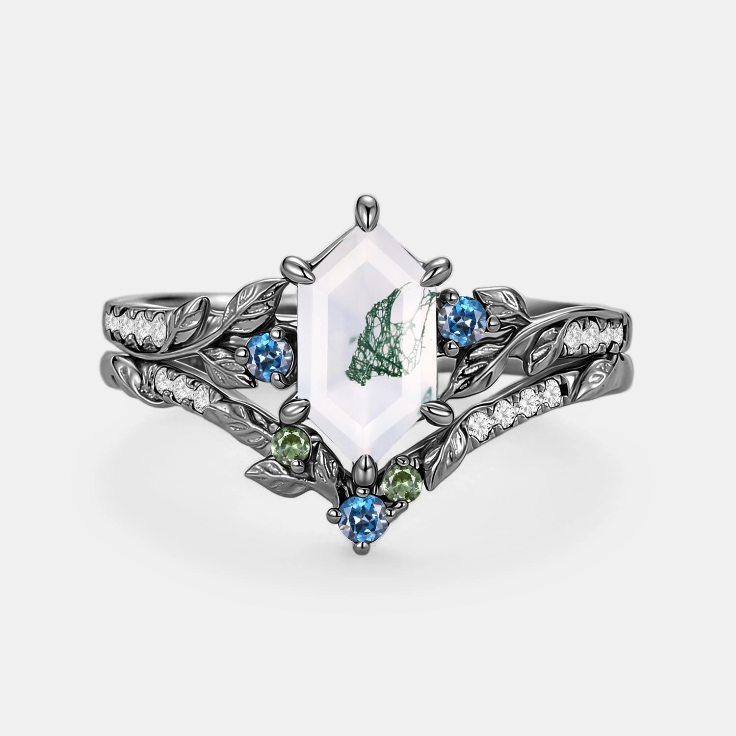 Elegant Accent Vogue Piece Moss Agate Elongated Hexagon Engagement Ring Set 2pcs - Azure