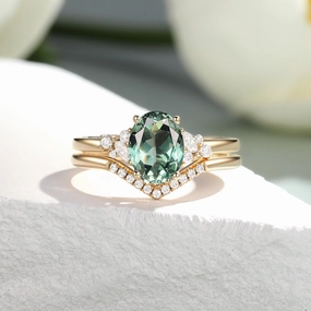 Seasonal Gift Oval Cut Lab Green Sapphire Cluster Engagement Ring Set 2pcs - Neptuna
