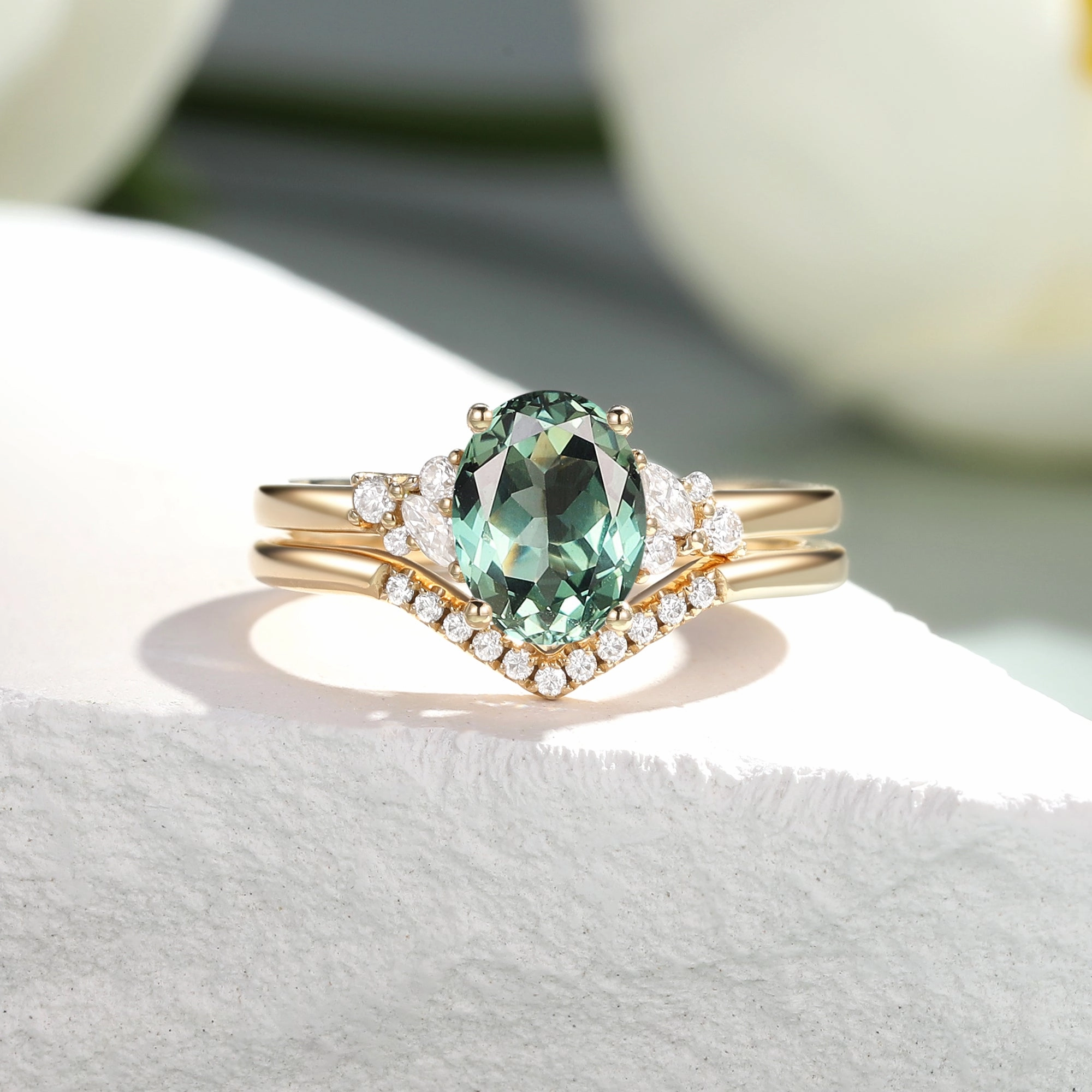 Oval Cut Lab Green Sapphire Cluster Engagement Ring Set 2pcs - Neptuna Shiny Embellishments Gleaming Feature