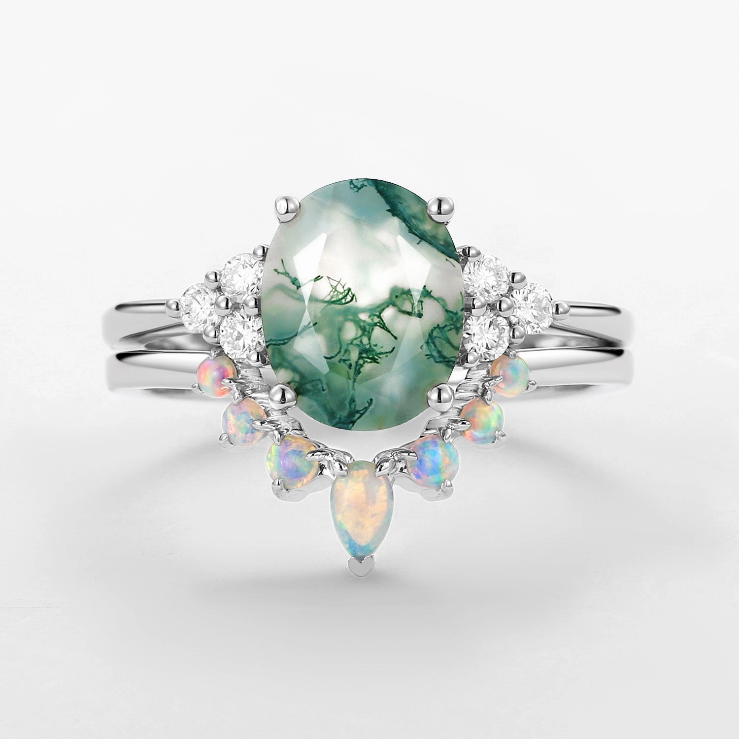 Contemporary Work All Purpose Fit 3.5CT Oval Cut Moss Agate & Natural Opal Cluster Gold Ring Set 2pcs - Aurora