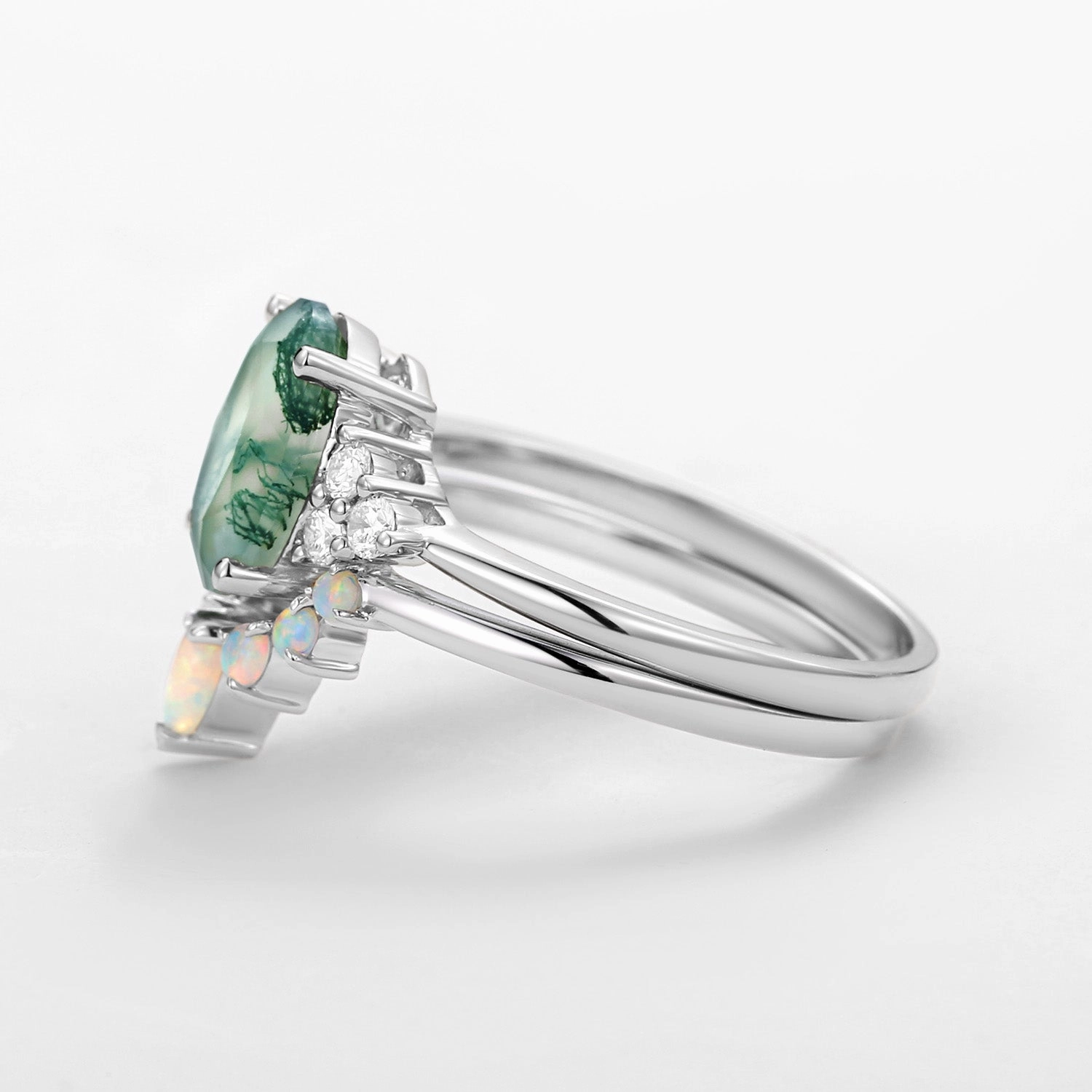 3.5CT Oval Cut Moss Agate & Natural Opal Cluster Gold Ring Set 2pcs - Aurora Party fashion Stylish Spark