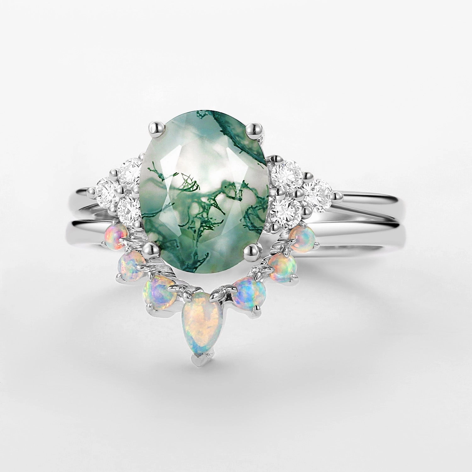 3.5CT Oval Cut Moss Agate & Natural Opal Cluster Gold Ring Set 2pcs - Aurora Soft Texture