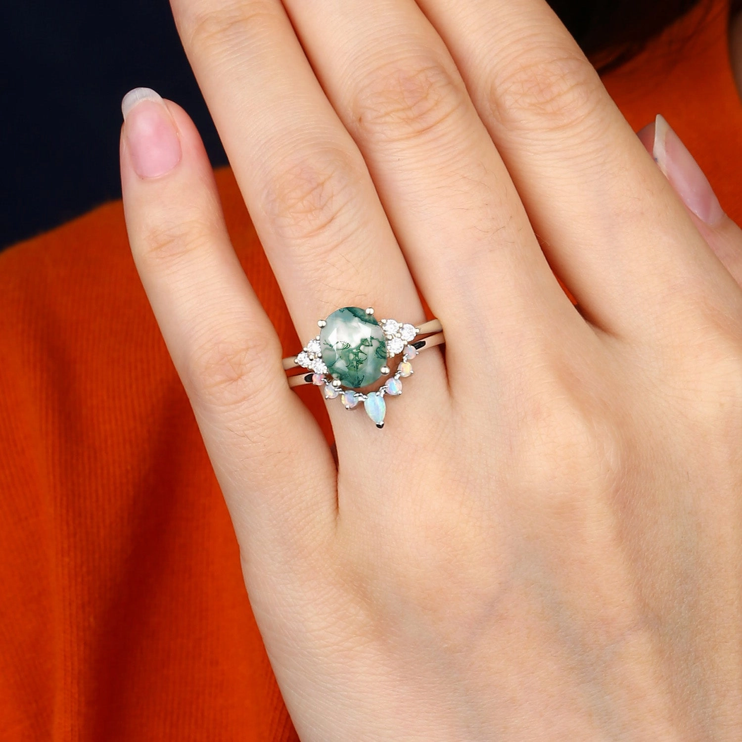 Shiny Adornment 3.5CT Oval Cut Moss Agate & Natural Opal Cluster Gold Ring Set 2pcs - Aurora