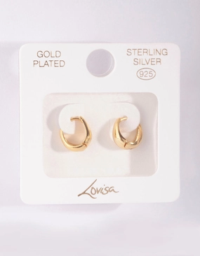 Gold Plated Sterling Silver Oval Huggie Hoop Earrings Distinctive Detailing