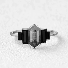 Lustrous Edge Radiant Design Salt and Pepper Diamonds & Black Moissanite Cluster Engagement Ring