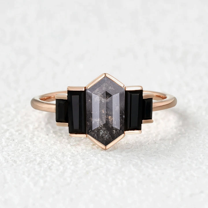 Salt and Pepper Diamonds & Black Moissanite Cluster Engagement Ring Minimalist Design