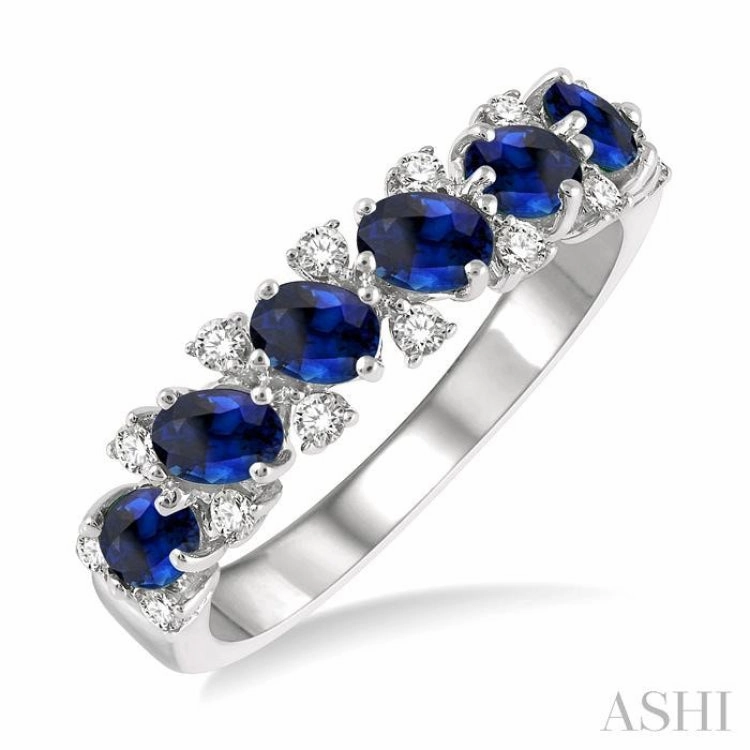 Shiny Design 4x3 MM Oval Shape Sapphire and 1/5 ctw Round Cut Diamond Precious Band in 14K White Gold