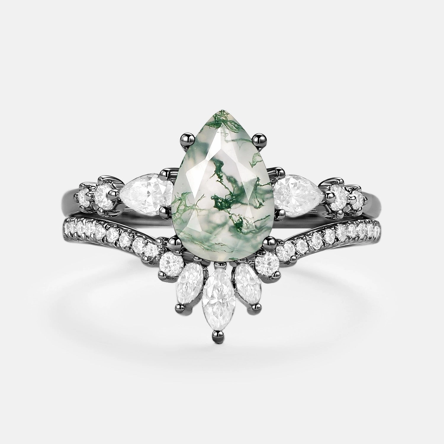 HighEnd Mark Chemical free 1.5ct Signature Pear Moss Agate Staccato Ring Set 2pcs - Scottie
