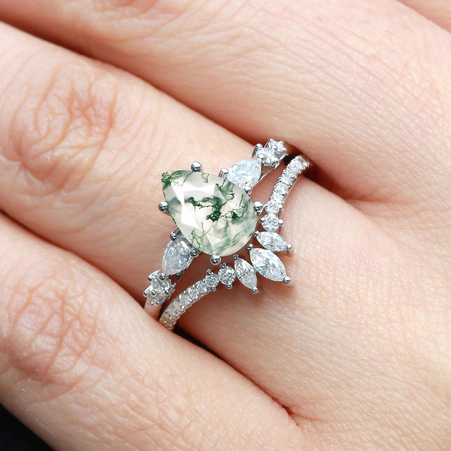 Sparkling Ornament 1.5ct Signature Pear Moss Agate Staccato Ring Set 2pcs - Scottie