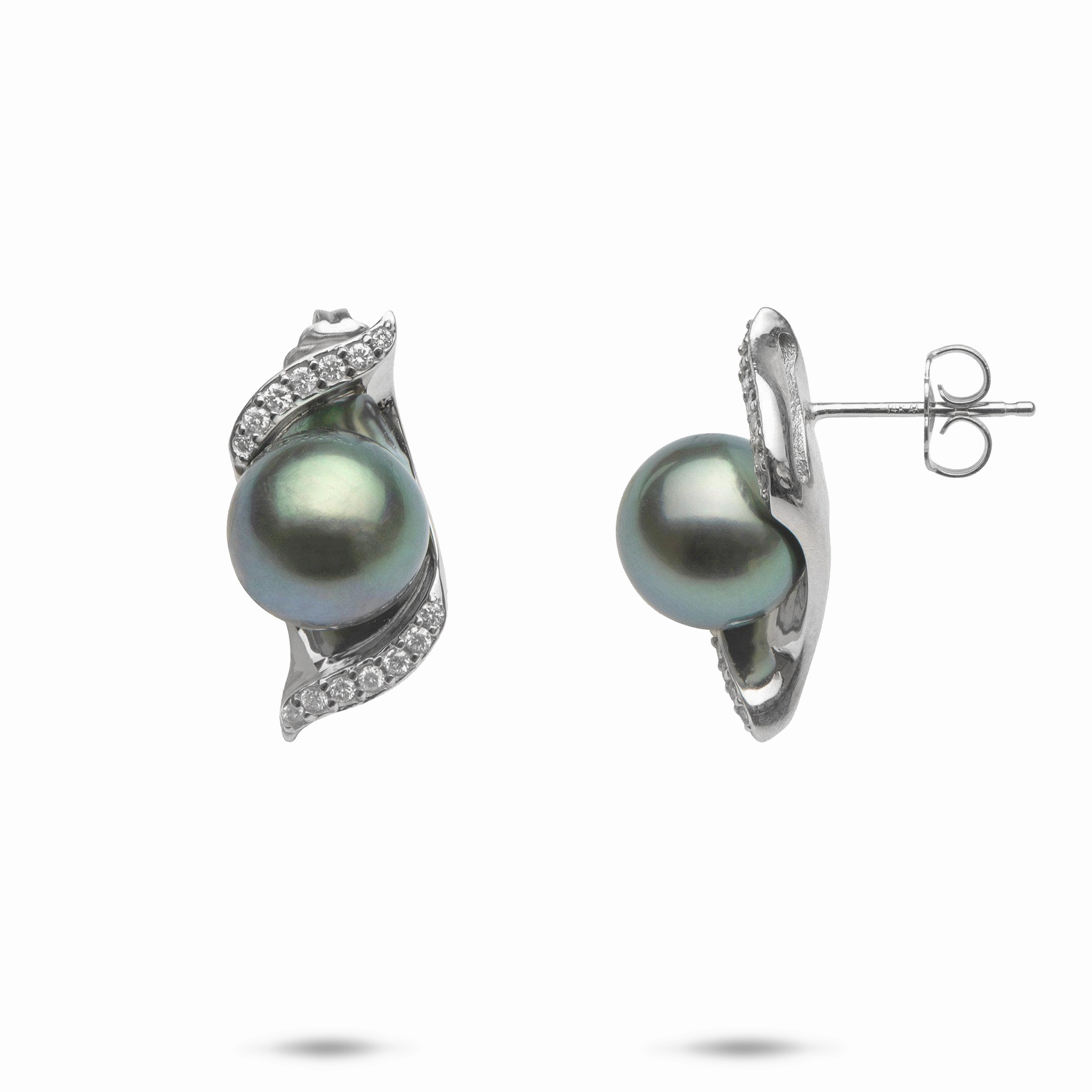 Nalu Tahitian Black Pearl Earrings in White Gold with Diamonds - 9-10mm Refined Highlight Stylish Vibe