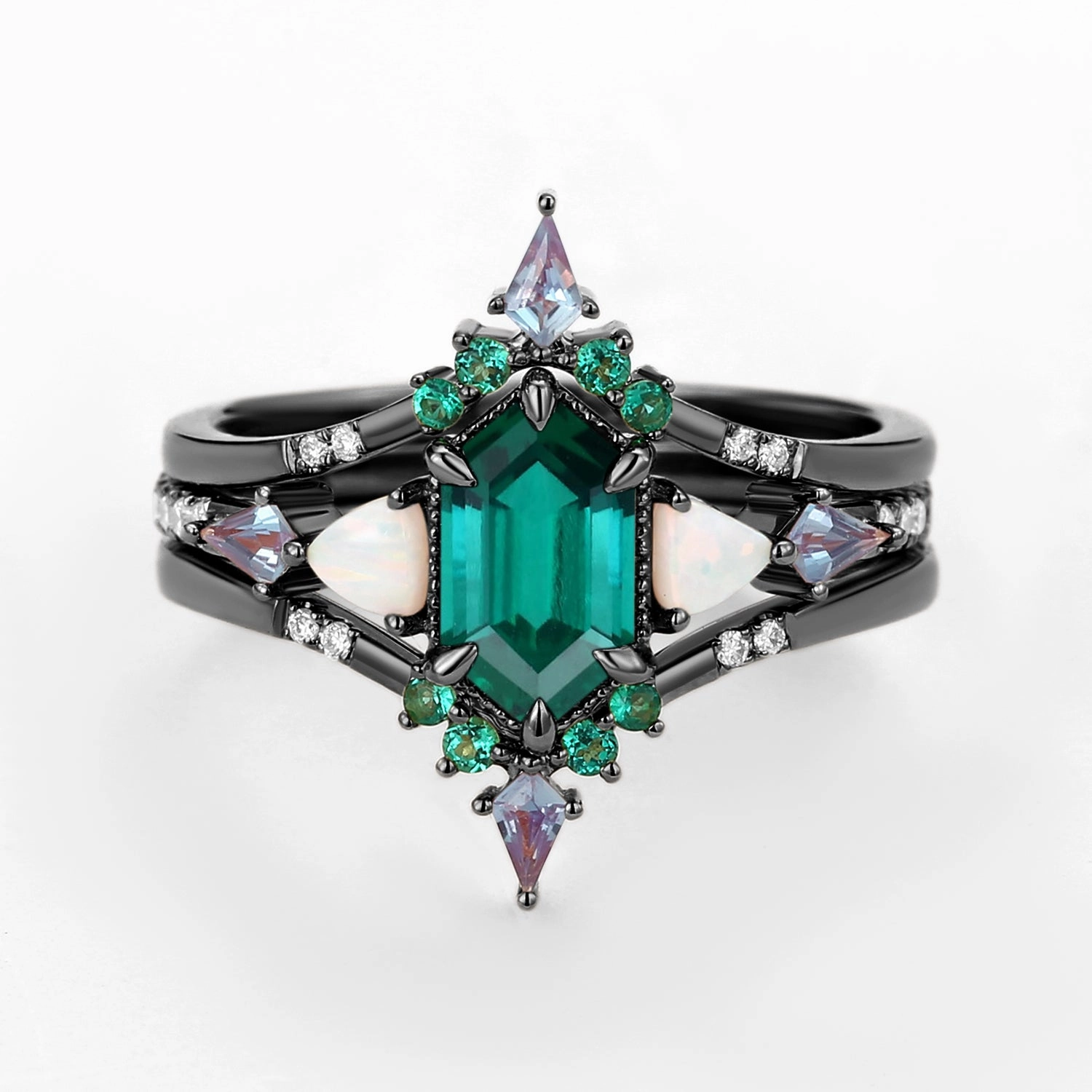 Black Gold Long Hexagon Moss Agate & Opal & Alexandrite & Emerald Ring Set 3pcs - Max Lightweight Decoration Creative Work