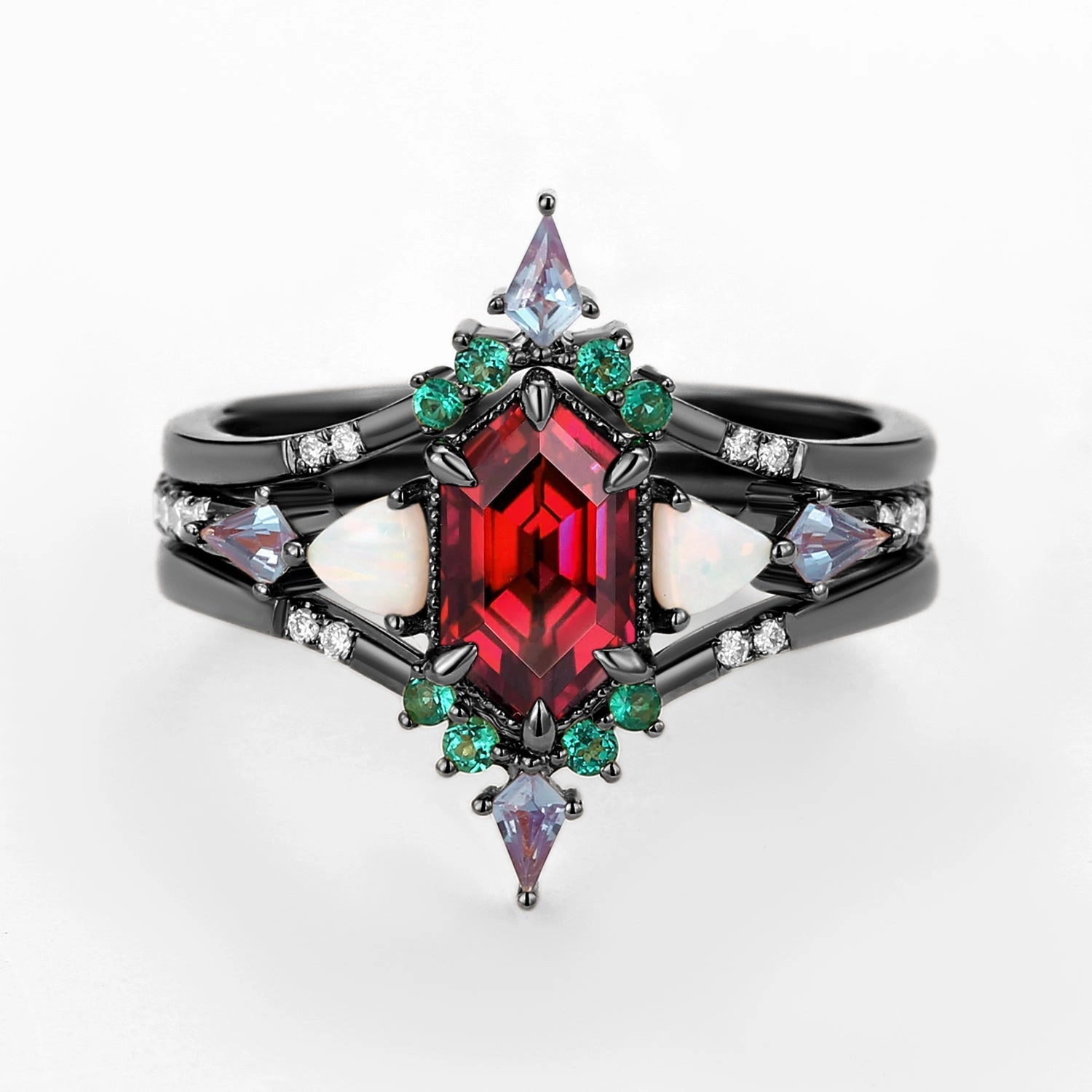 Understated Spark Black Gold Long Hexagon Moss Agate & Opal & Alexandrite & Emerald Ring Set 3pcs - Max