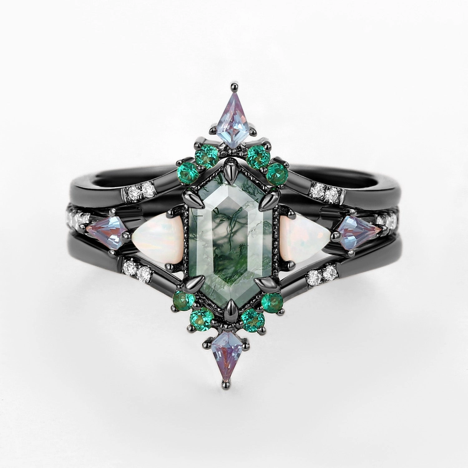Black Gold Long Hexagon Moss Agate & Opal & Alexandrite & Emerald Ring Set 3pcs - Max Lightweight Object