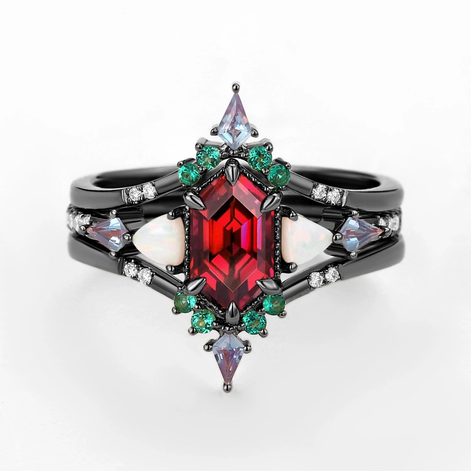 Black Gold Long Hexagon Moss Agate & Opal & Alexandrite & Emerald Ring Set 3pcs - Max Ornate Work
