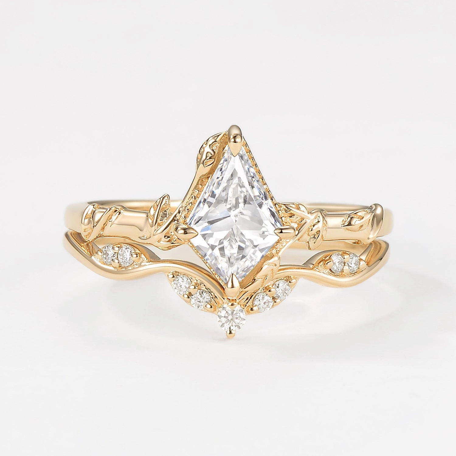 Shiny Statement Unique Leafy Kite Lab Grown Diamond Engagement Ring Set 2pcs