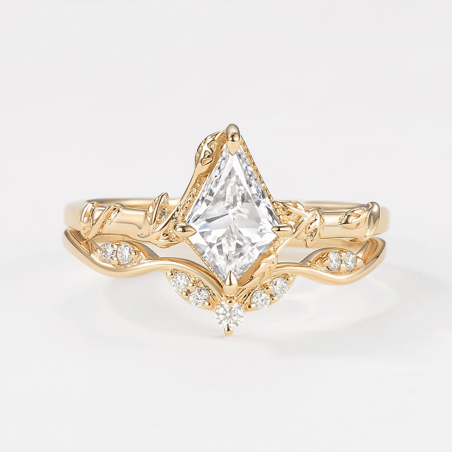 Unique Leafy Kite Lab Grown Diamond Engagement Ring Set 2pcs Excellent Art Delicate Insignia