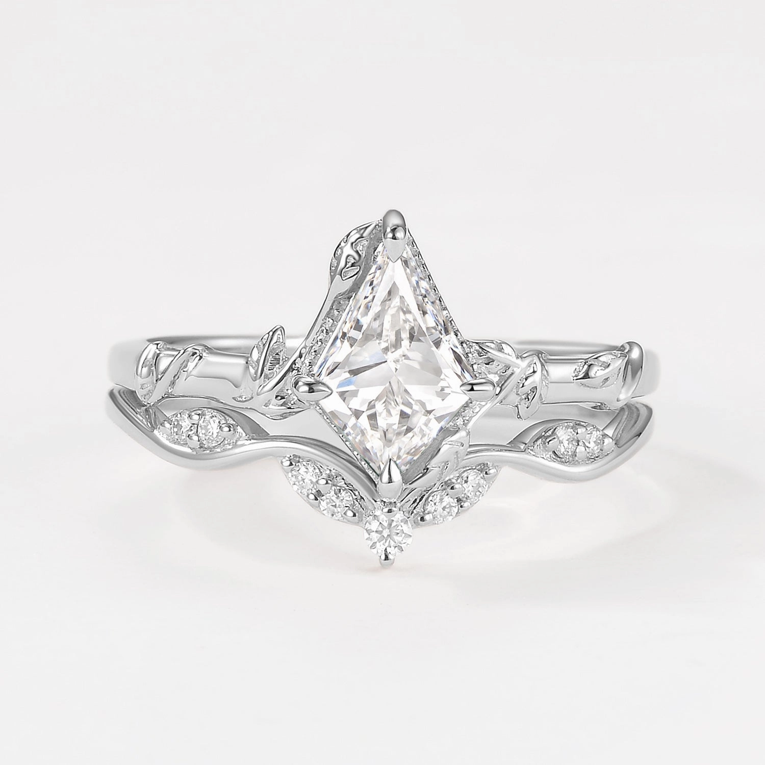 Unique Leafy Kite Lab Grown Diamond Engagement Ring Set 2pcs Gift For Couple Luxury Accent