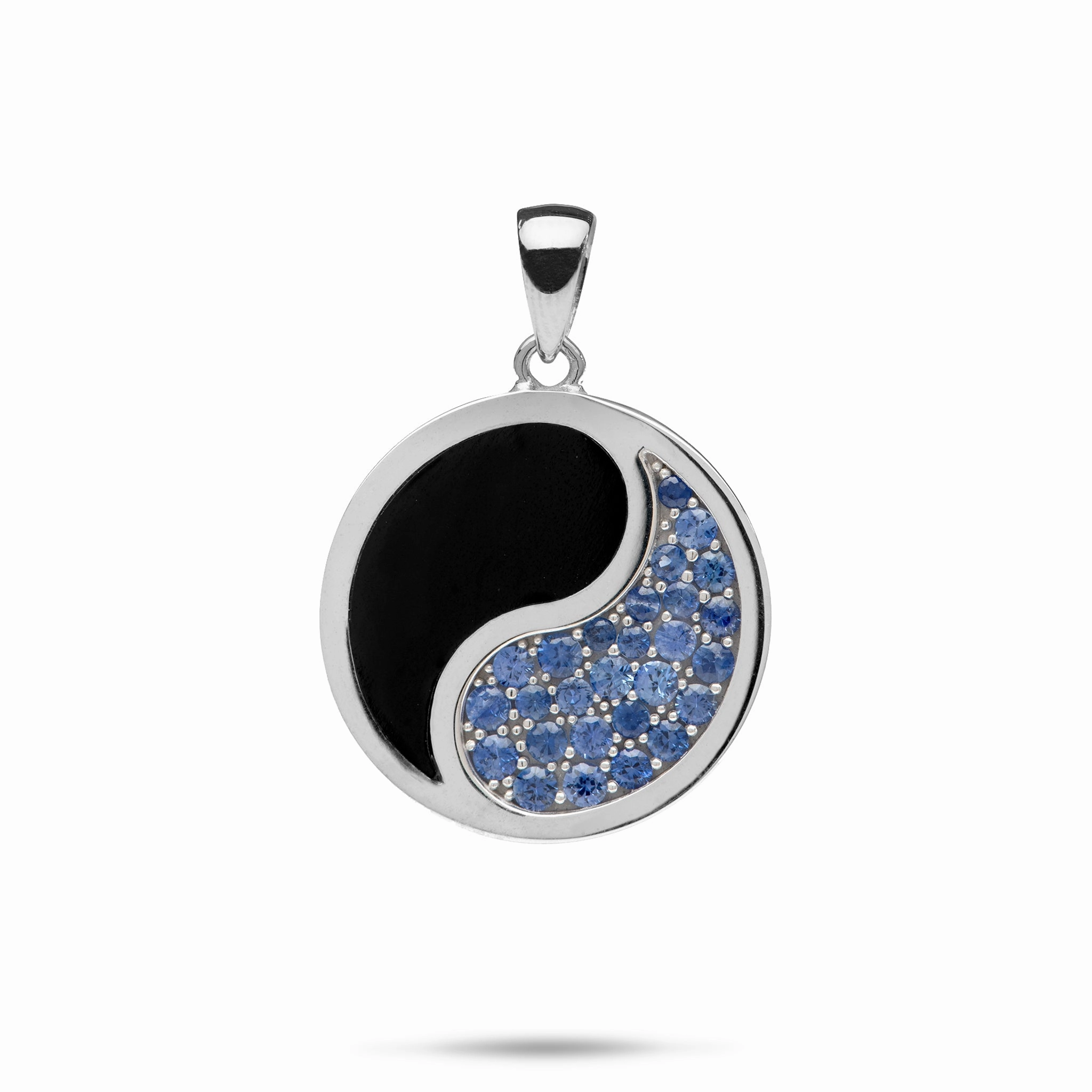 Yin Yang Black Coral Pendant in White Gold with Blue Sapphires - 22mm Charming Glow Soft Form