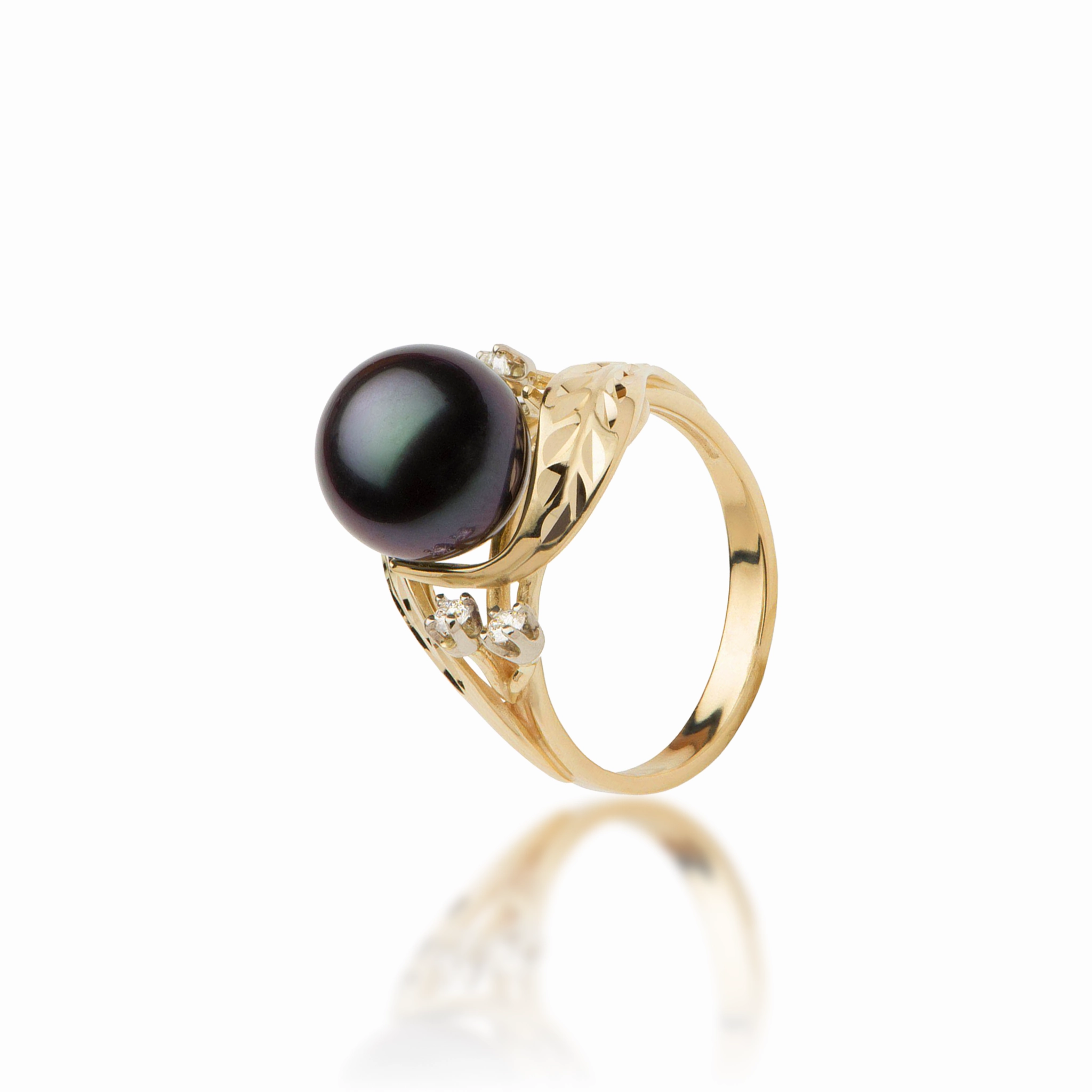 Bold Pieces Design Chic Duo Maile Tahitian Black Pearl Ring in Gold with Diamonds - 9-10mm