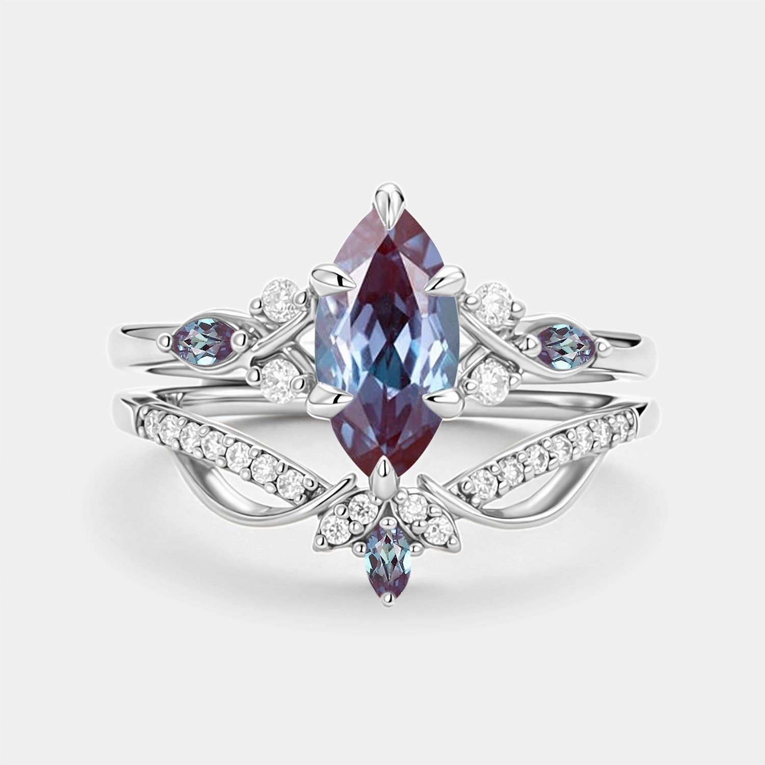 Marquise Cut Lab Alexandrite & Moissanite Engagement Ring Sets 2pcs Event Gift