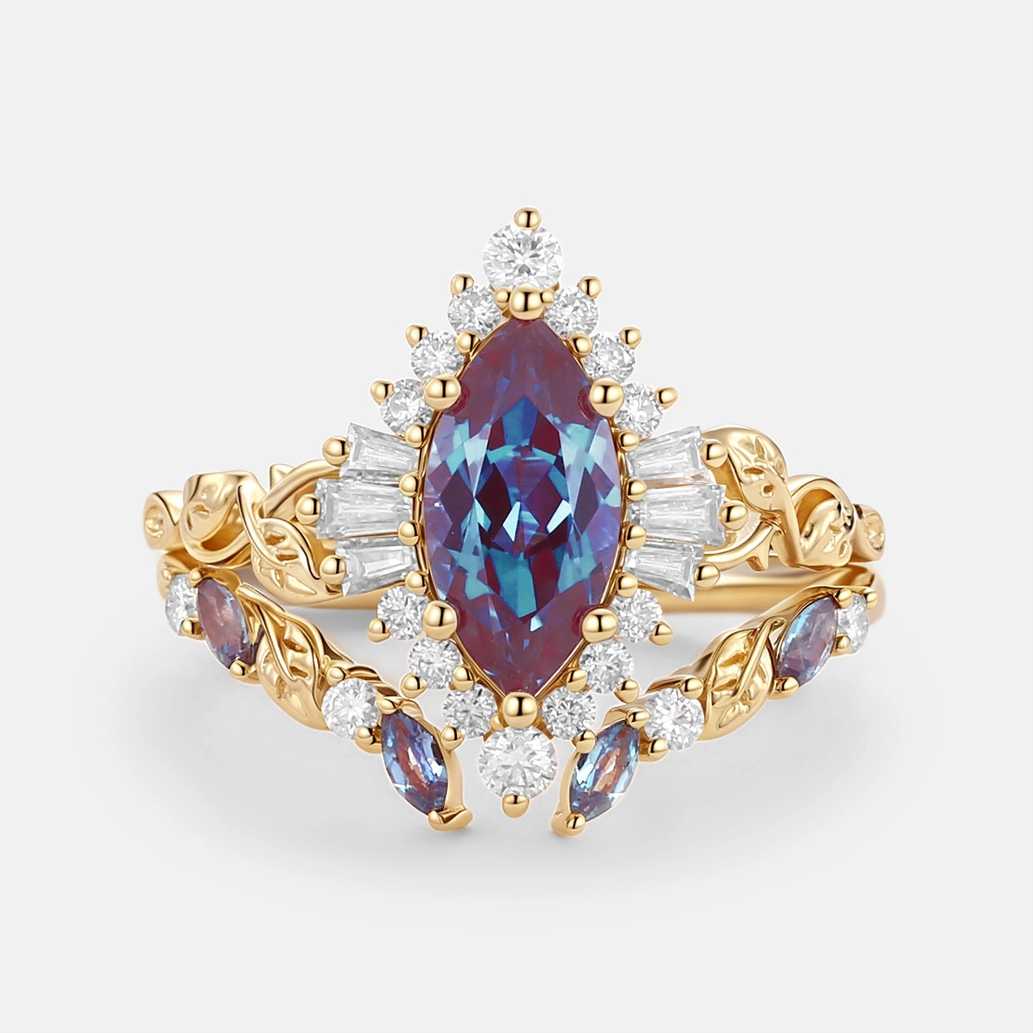 Luxury Contour Delicate appearance Marquise Cut Lab Alexandrite Leafy Engagement Ring Sets 2pcs - Thorn
