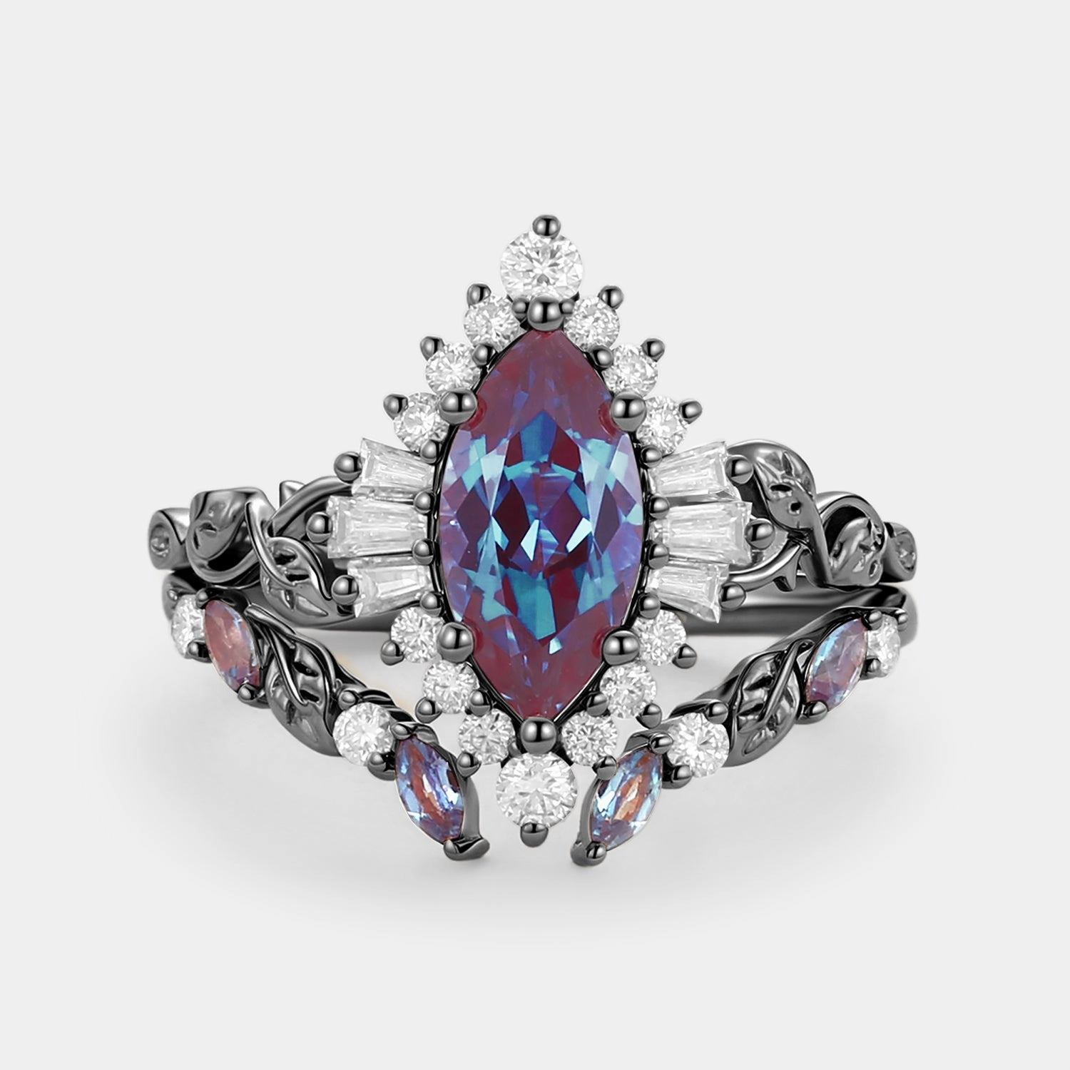 Unique Trinket Marquise Cut Lab Alexandrite Leafy Engagement Ring Sets 2pcs - Thorn