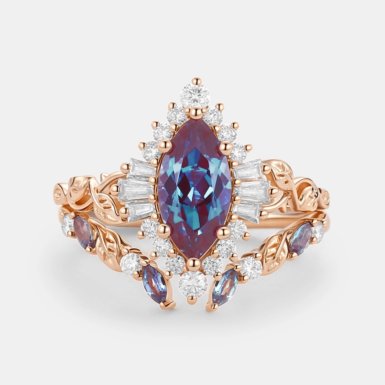 All Day Meaningful Object Marquise Cut Lab Alexandrite Leafy Engagement Ring Sets 2pcs - Thorn