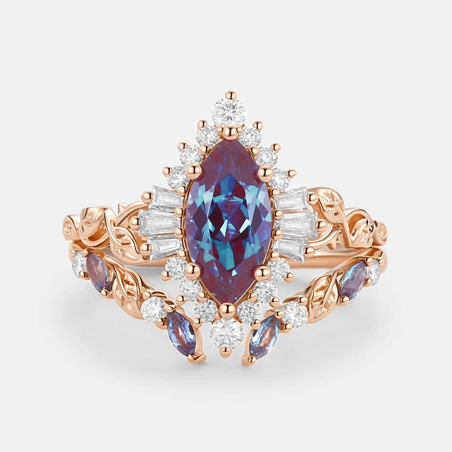 Marquise Cut Lab Alexandrite Leafy Engagement Ring Sets 2pcs - Thorn Sparkling Statement