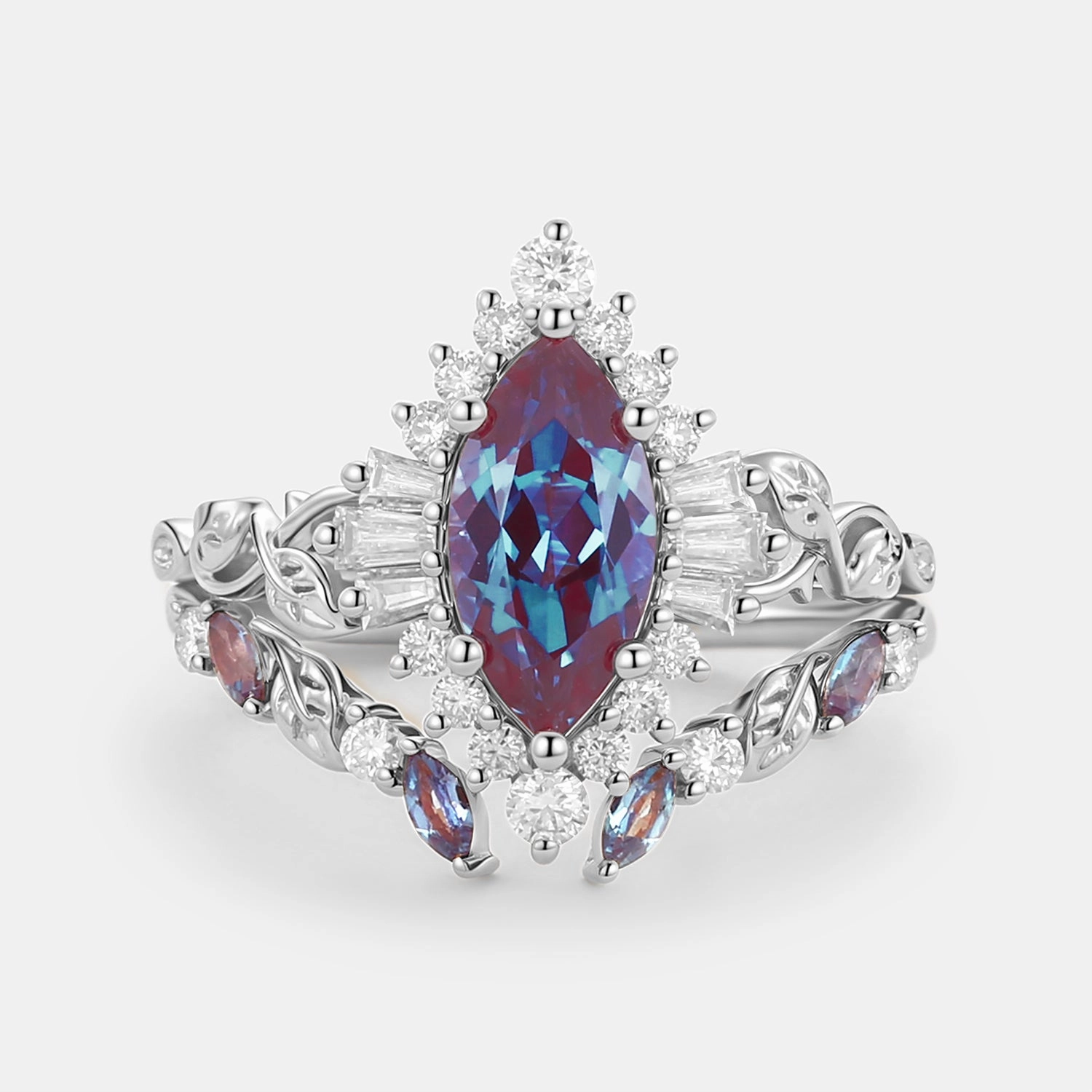 Marquise Cut Lab Alexandrite Leafy Engagement Ring Sets 2pcs - Thorn Perfect Match Elegant Balance