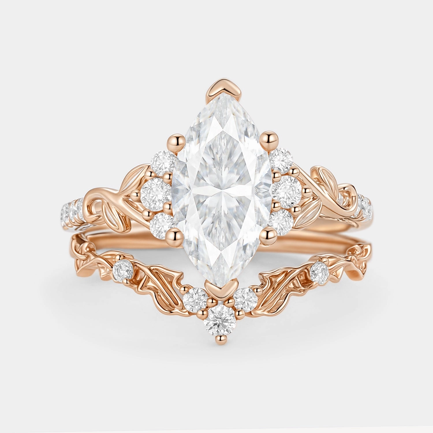 Durable Decoration Neat Finish Marquise Cut Lab Emerald Leafy Engagement Ring Sets 2pcs