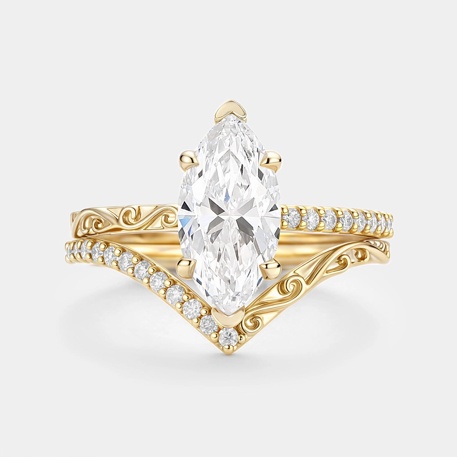 Iconic Style Durable Jewelry Marquise Cut Lab Grown Diamond Engraved Engagement Ring Sets 2pcs - Lina