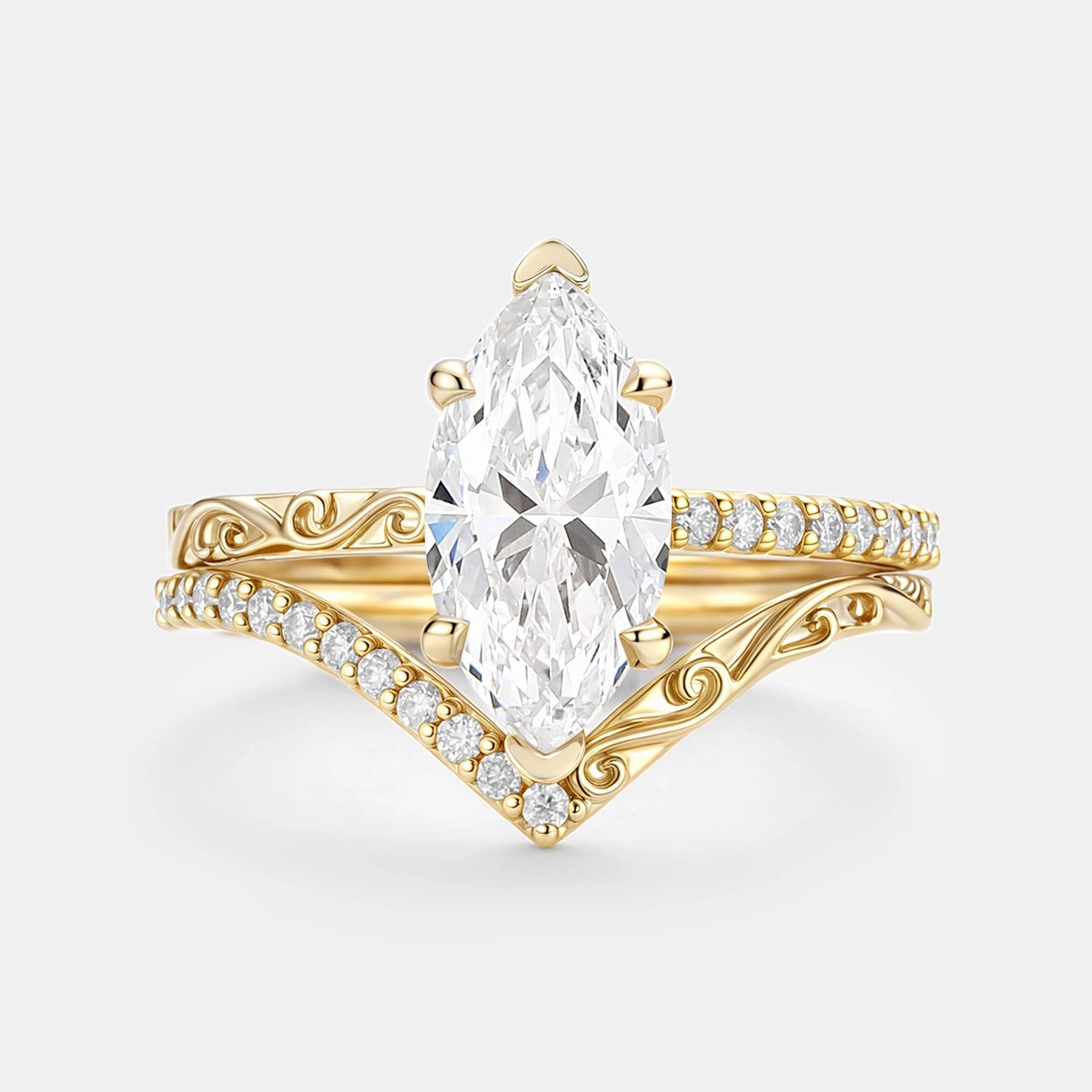 Luxury Fashion Marquise Cut Lab Grown Diamond Engraved Engagement Ring Sets 2pcs - Lina