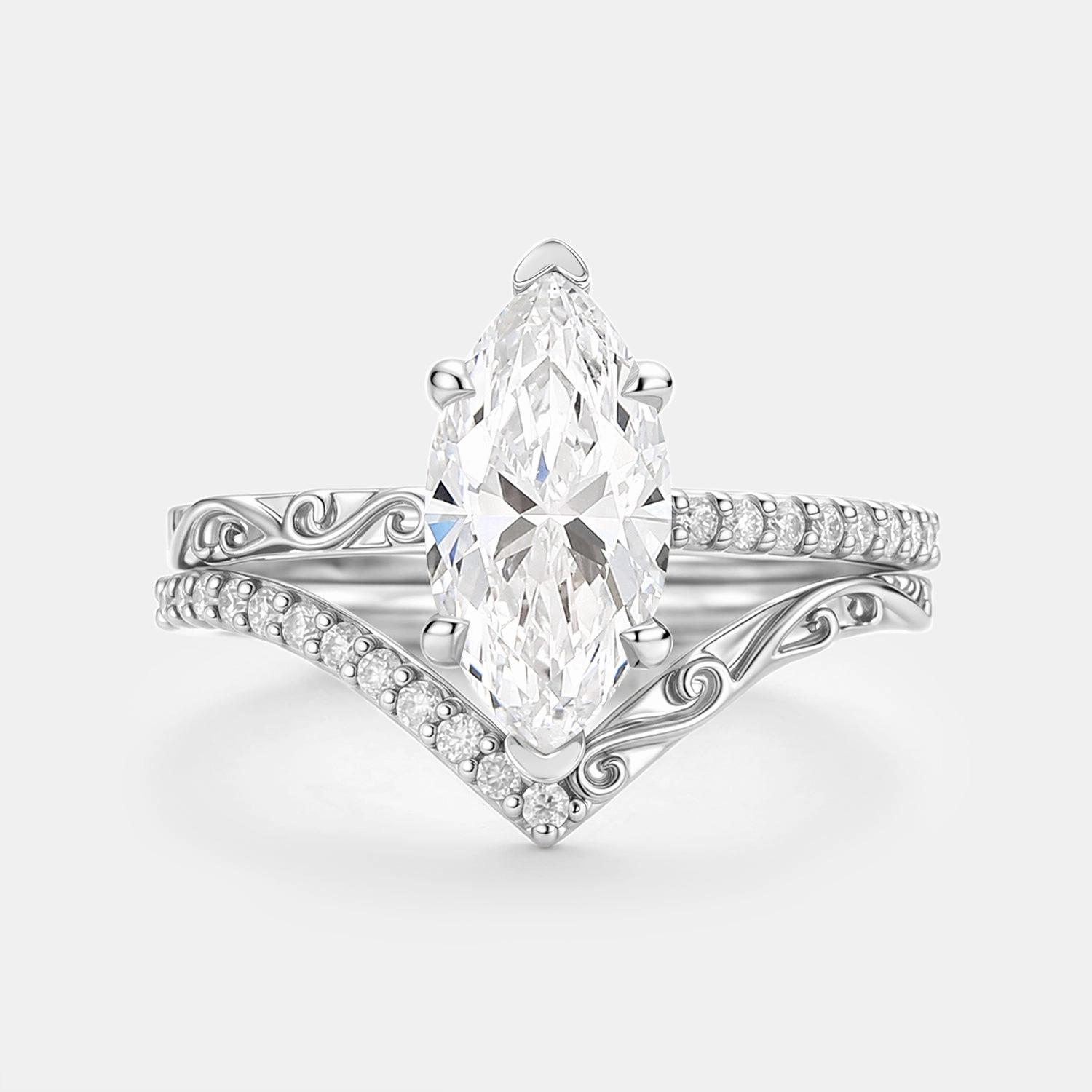 Marquise Cut Lab Grown Diamond Engraved Engagement Ring Sets 2pcs - Lina Secure Object
