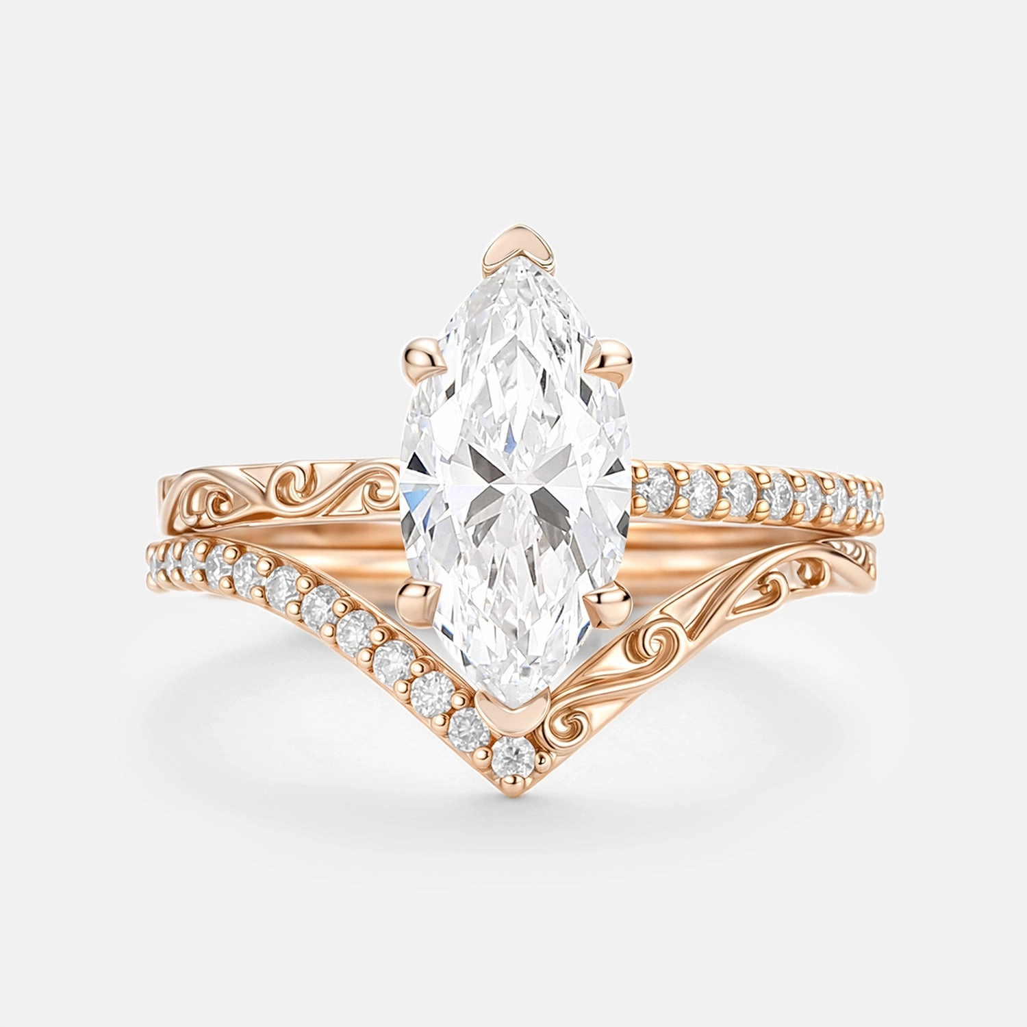 Premium Accent Exclusive Style Marquise Cut Lab Grown Diamond Engraved Engagement Ring Sets 2pcs - Lina