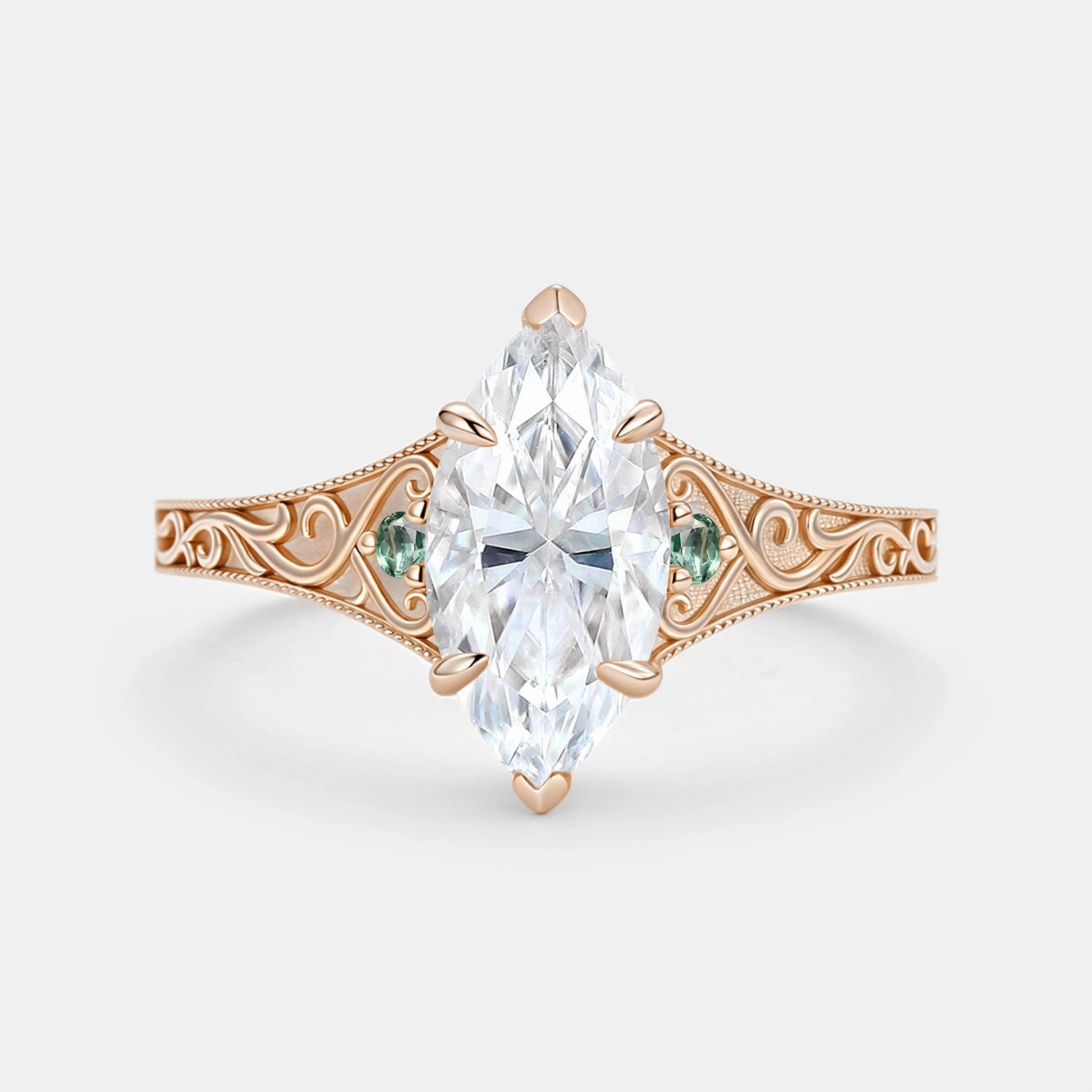Everyday Glow Marquise Cut Moissanite Vintage Ornate Filigree Engagement Ring