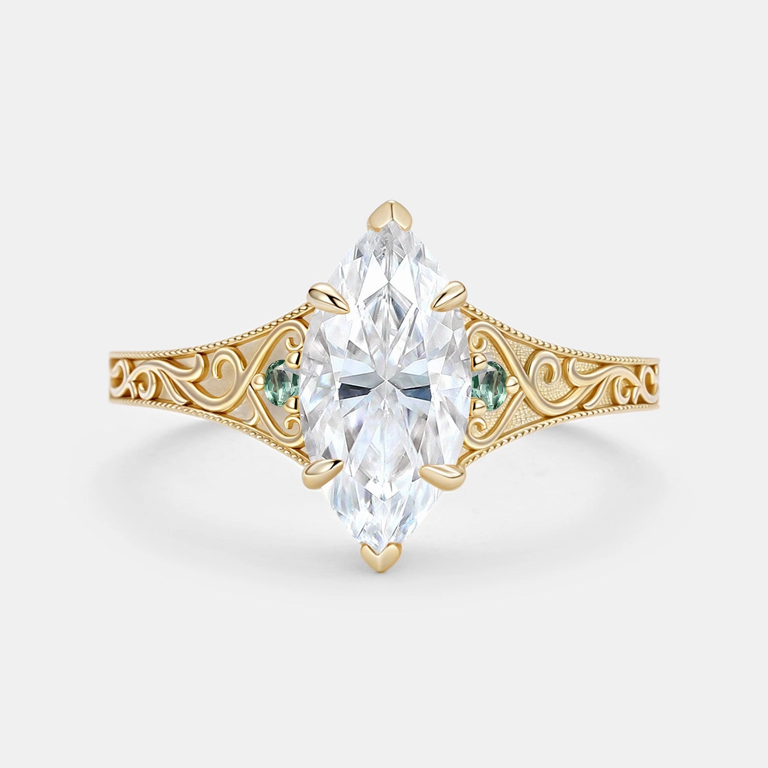 Cool Accent Marquise Cut Moissanite Vintage Ornate Filigree Engagement Ring