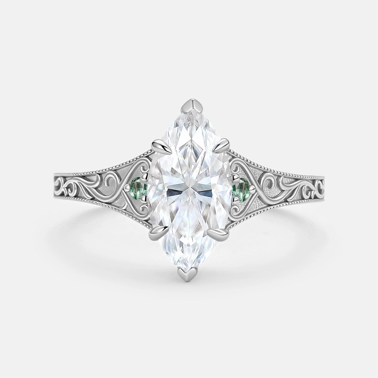 Crisp Style Glam Light Marquise Cut Moissanite Vintage Ornate Filigree Engagement Ring